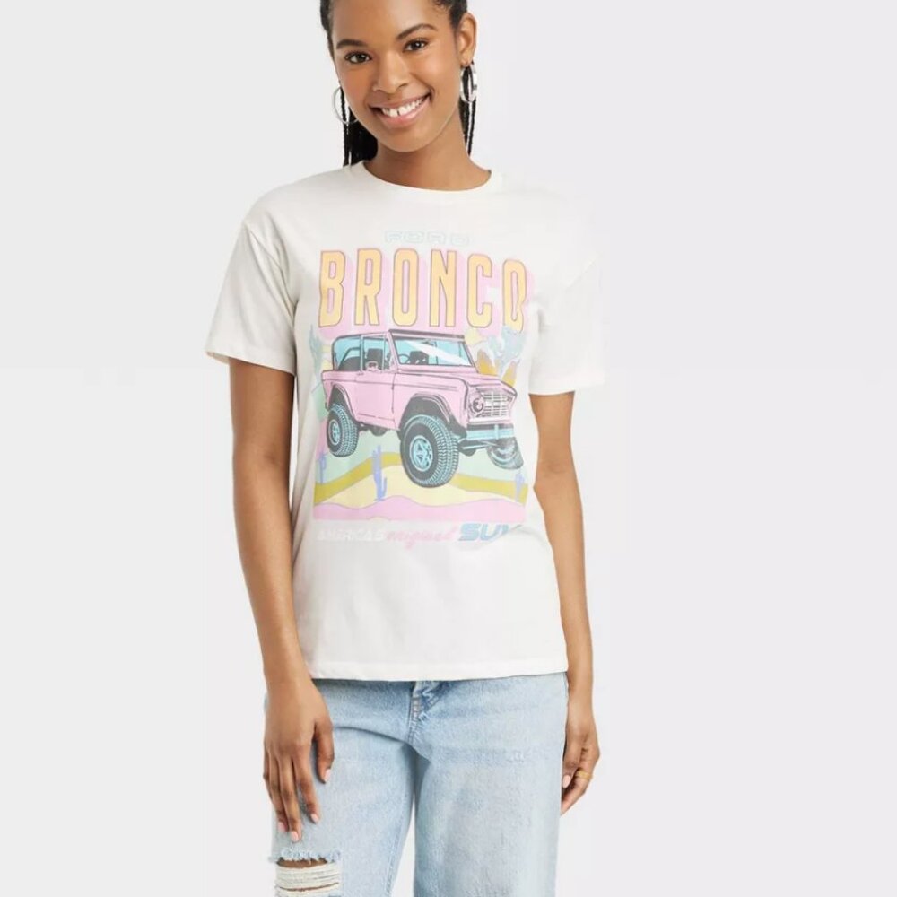 Ford White Short Sleeve Tee with Pink Bronco Graphic